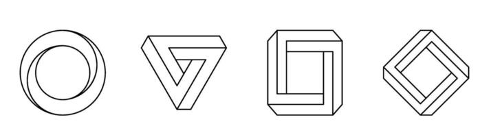 Optical illusion shapes isolated on white background. Impossible shapes line art collection vector