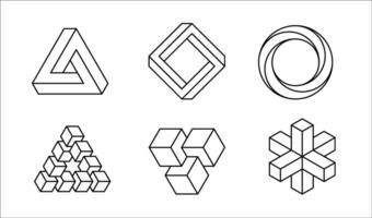 Impossible shape set isolated. Line optical illusion. Abstract unreal geometric form . vector