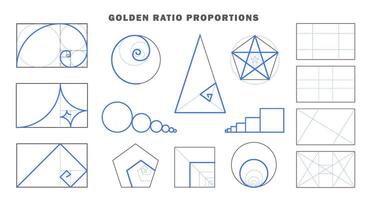 Golden ratio proportions template. Mathematics and geometry sequence grids, image symmetry or balance backgrounds with circles and divine lines. vector
