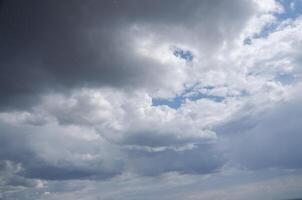 dark clouds with a gap of blue sky and white clouds. High quality photo