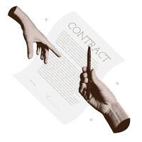 One hand giving a pen to the other to sign a contract in halftone collage style. Signing the document concept. Application form. Filling out, completing, signing business documents. Paper page. vector