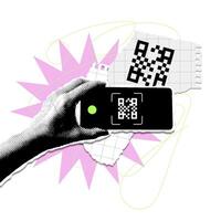 hand with mobile phone with qr code in a vintage rock halftone style and scraps of torn paper on the background. banner trendy retro Y2K design with torn pieces of paper notes. vector