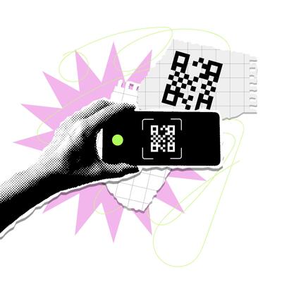 hand with mobile phone with qr code in a vintage rock halftone style and scraps of torn paper on the background. banner trendy retro Y2K design with torn pieces of paper notes.
