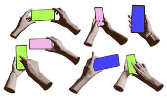 Set of halftone hands holding phones. Hand with smartphone with blank display. Collection of paper collage elements. illustration vector