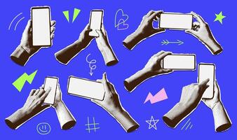 Halftone collage hands set with smartphone. Mixed media mobile phone screen, paper hands with devices and doodle elements. illustration. vector