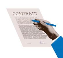 Contract signing trendy halftone collage. Hand Filling out a document. Signing, verification and approval of the deals. vintage illustration. vector