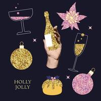 Happy New Year and Merry Christmas set with trendy halftone collage elements - poinsettia, champagne, bauble, cake and wineglasses with metallic glitter shine effect. vector