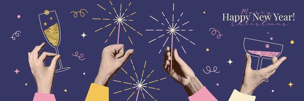 Halftone collage for 2025 New year celebration. Concept of party with champagne and sparklers. Paper hands with retro photographic effect. illustration for greeting card, invitation, banner vector