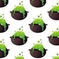 Witch Halloween cauldron with green potion in cartoon style. Seamless pattern. Boiling magic brew design for October holiday wrapping and textile. illustration on a white background. vector