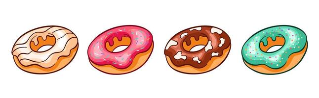rosquilla colección en dibujos animados estilo. conjunto de bombones, vainilla, vidriar dulces para panadería diseño. ilustración aislado en un blanco antecedentes. vector