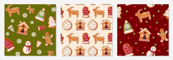 Set of 3 cute seamless Christmas patterns. Ornaments with gingerbread cookies in cartoon style. illustration set. vector