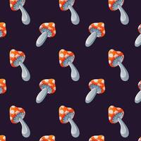 Fly agaric with red cap and white dots seamless pattern. Cartoon style. Mushroom design for Halloween design textile, wallpaper. illustration. vector