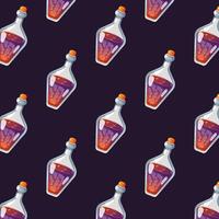 Bottles with magic potion seamless pattern in cartoon style. Glass flask and vial violet color liquid. October Halloween design for wallpaper, wrapping. illustration. vector