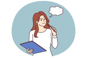 Pensive girl with clipboard makes plan for year or checklist for going to grocery store vector