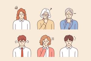 Thoughtful business people different ages are thinking about plan to get out of difficult situation vector