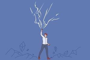 Powerful business man raises hand up near lightning bolts, demonstrating self-confidence vector