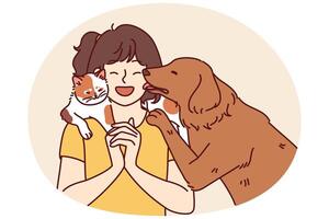 Little girl with pets enjoys communicating with cat sitting on shoulder and dog licking face vector