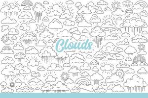 Clouds of different sizes float in sky with raindrops and sun or rainbow. Hand drawn doodle vector