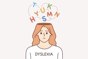 Girl suffers from dyslexia, which causes inability to read or write due to confusion in head vector