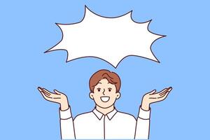 Happy business man offering good idea or communicating profitable offer, stands under dialogue cloud vector