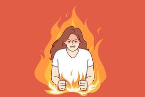 Nervous woman experiencing aggression due to psychological problems, standing in middle of flame vector