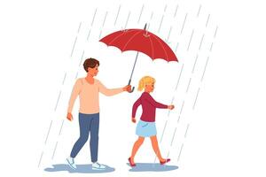 Caring dad protects daughter from rain using umbrella, and feels happiness from walking with child vector