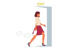 Resigned businesswoman walks out open door, refusing to work under unfavorable conditions vector