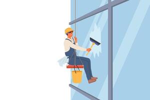 Industrial climber washes windows of skyscraper using brush, hanging at high altitude on rope vector