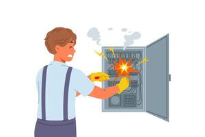Man electrician is injured by electric shock while repairing electrical panel with transformers vector