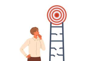 Problem on way to achieving goal for business man, thoughtfully examining broken ladder with target vector