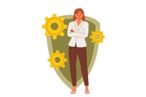 Woman cyber security engineer recommends antivirus for data protection, stands near large shield vector