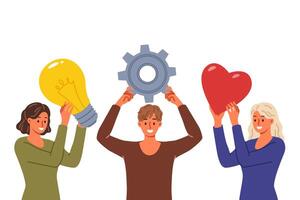 Team of people brainstorming in search of idea, holding icons with light bulb and gear or heart vector