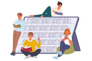 Students visiting electronic library read books using gadgets and apps with digital literature vector