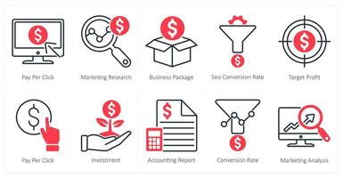 A set of 10 seo icons as pay per click, marketing research, business package vector