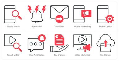A set of 10 seo icons as mobile search, notification, email sent, mobile advertising vector