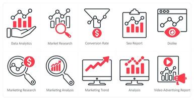 A set of 10 seo icons as data analytics, market research, conversion rate vector