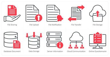 A set of 10 seo icons as file sharing, file upload, file notification vector