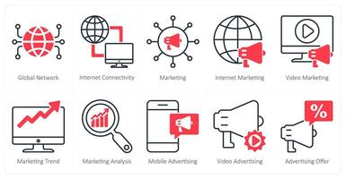 A set of 10 seo icons as global network, internet connectivity, internet marketing vector
