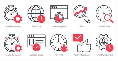 A set of 10 seo icons as seo performance, time zone, website speed vector