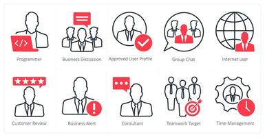 A set of 10 seo icons as programmer, business discussion, approved user profile vector