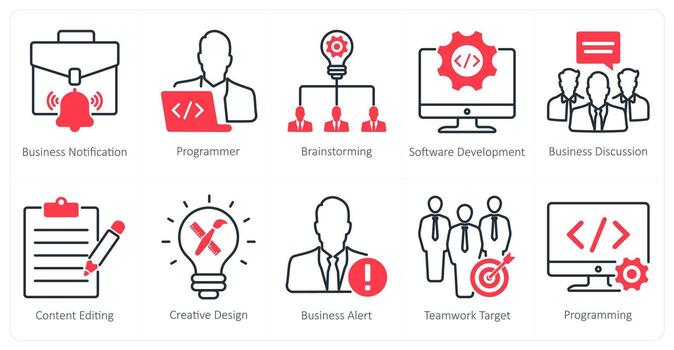A set of 10 seo icons as business notification, programmer, brainstorming vector