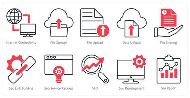 A set of 10 seo icons as internet connectivity, file storage, file upload vector