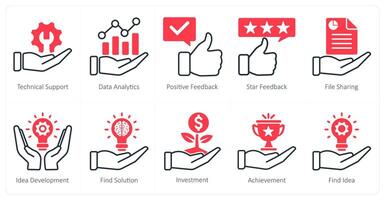A set of 10 seo icons as technical support, data analytics, positive feedback vector