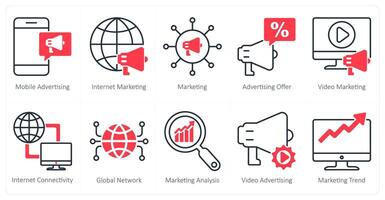 A set of 10 seo icons as mobile advertising, internet marketing, marketing vector
