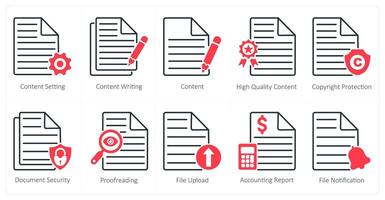 A set of 10 seo icons as content setting, content writing, content vector