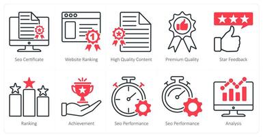 A set of 10 seo icons as seo certificate, website ranking, high quality content vector