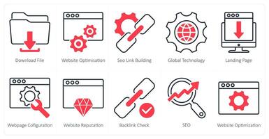 A set of 10 seo icons as download file, website optimization, seo link building vector