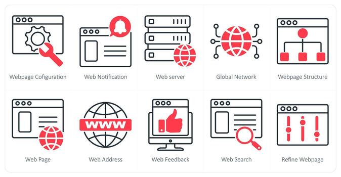 un conjunto de 10 seo íconos como página web configuración, web notificación, web servidor vector
