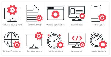 A set of 10 seo icons as software development, content setting, website optimization vector
