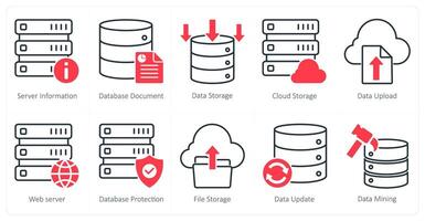 A set of 10 seo icons as server information, database document, data storage vector